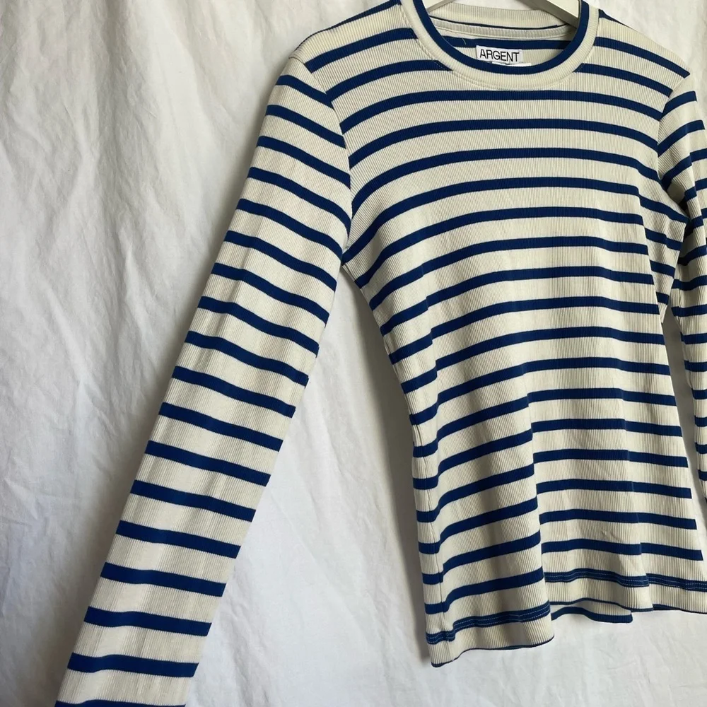 Argent Striped Long Sleeve Crew Neck Top Navy & White Ribbed Knit Capsule Size S